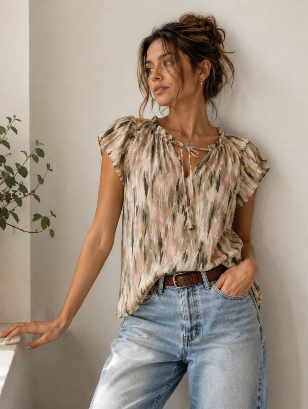 Haver + Blair London | Abstract Print Ruffle Sleeve Blouse Women's, Ptp 21"